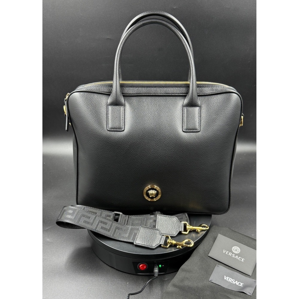 VERSACE 1013360 BLACK LEATHER MEDUSA MEDALION BRIEFCASE MESSENGER SHOULDER BAG